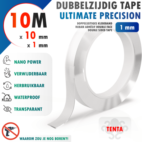Dubbelzijdig Tape 10m x 10mm x 1mm - TENTA Ultimate Precision