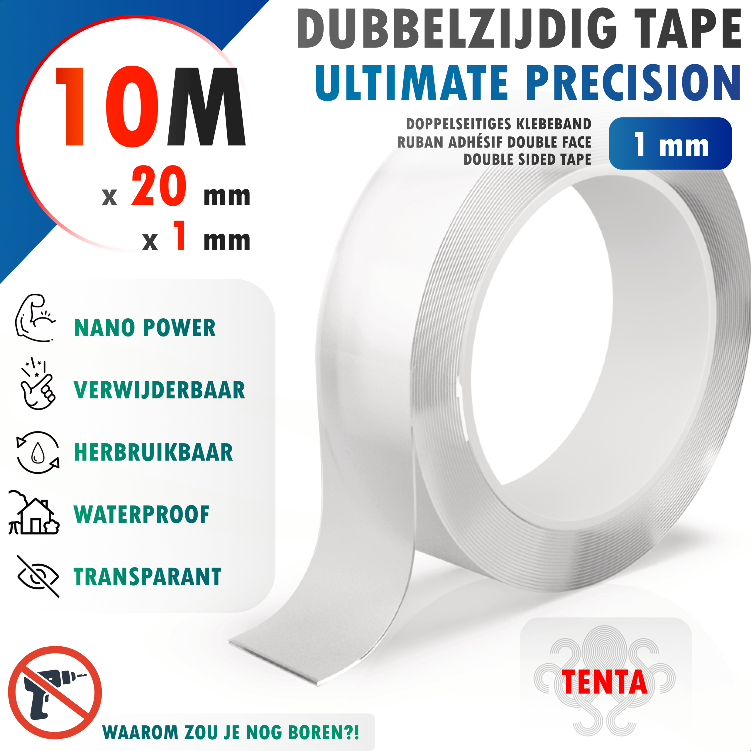 Dubbelzijdig Tape 10m x 20mm x 1mm - TENTA Ultimate Precision