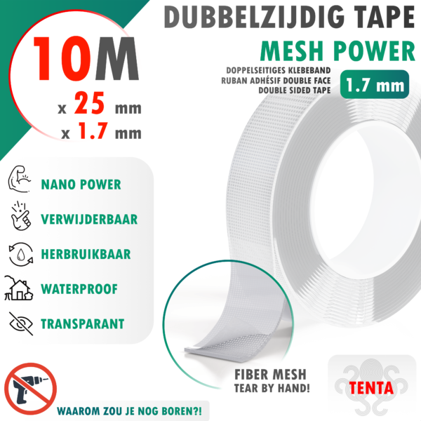 Dubbelzijdig Tape 10m x 25mm x 1.7mm - TENTA Mesh Power