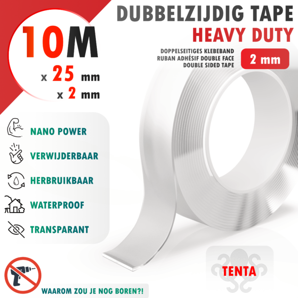 Dubbelzijdig Tape 10m x 25mm x 2mm - TENTA Heavy Duty