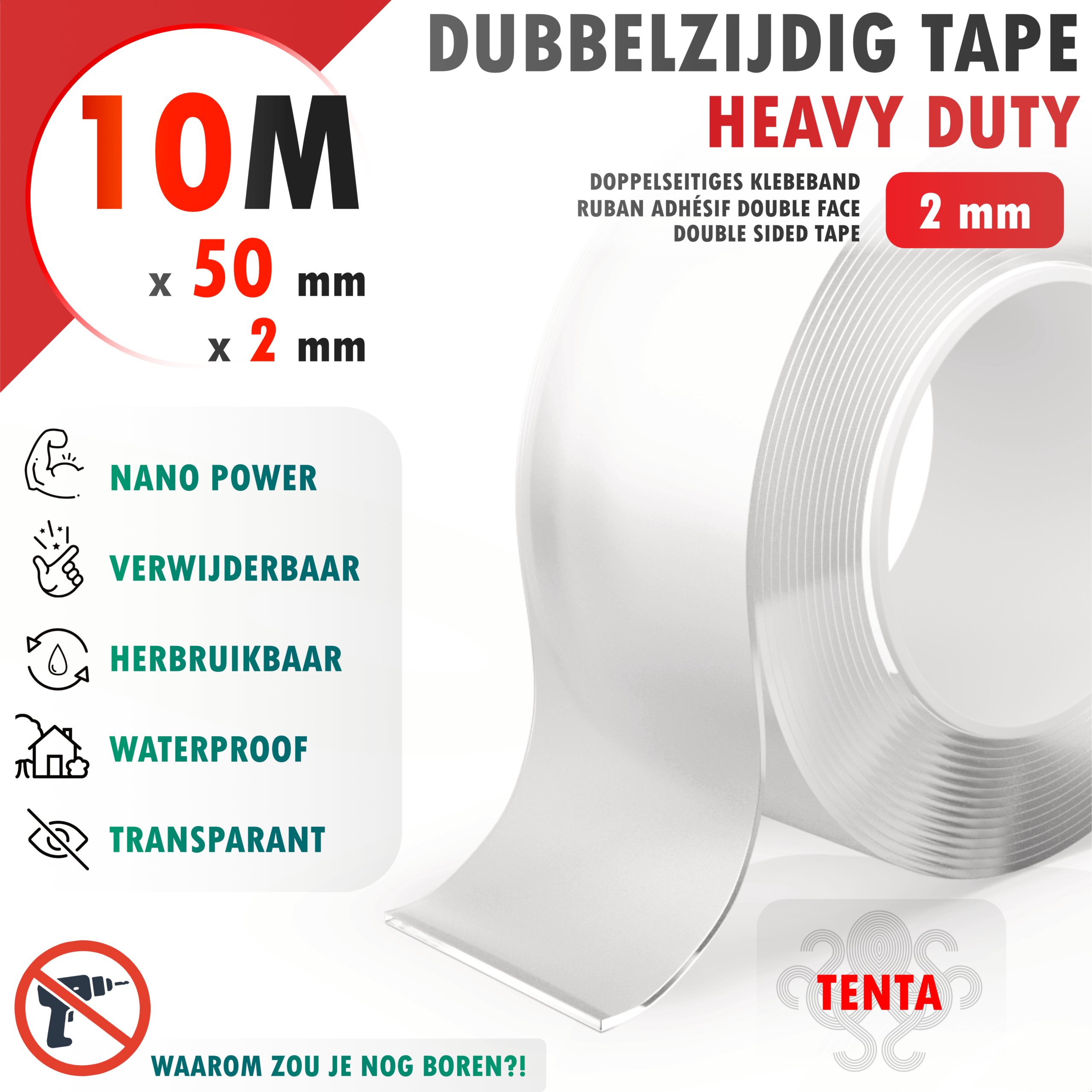 Dubbelzijdig Tape 10m x 50mm x 2mm - TENTA Heavy Duty