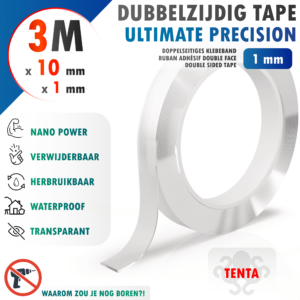 Dubbelzijdig Tape 3m x 10mm x 1mm - TENTA Ultimate Precision