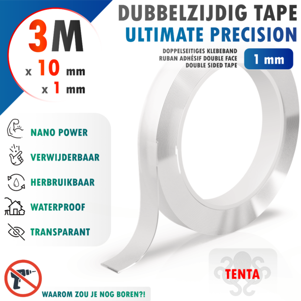 Dubbelzijdig Tape 3m x 10mm x 1mm - TENTA Ultimate Precision