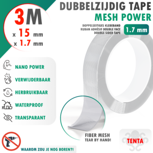 Dubbelzijdig Tape 3m x 15mm x 1.7mm - TENTA Mesh Power