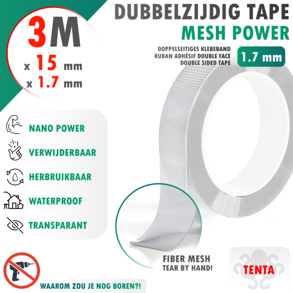 Dubbelzijdig Tape 3m x 15mm x 1.7mm - TENTA Mesh Power