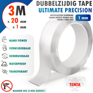 Dubbelzijdig Tape 3m x 20mm x 1mm - TENTA Ultimate Precision