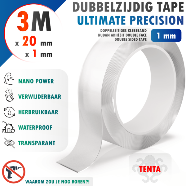 Dubbelzijdig Tape 3m x 20mm x 1mm - TENTA Ultimate Precision