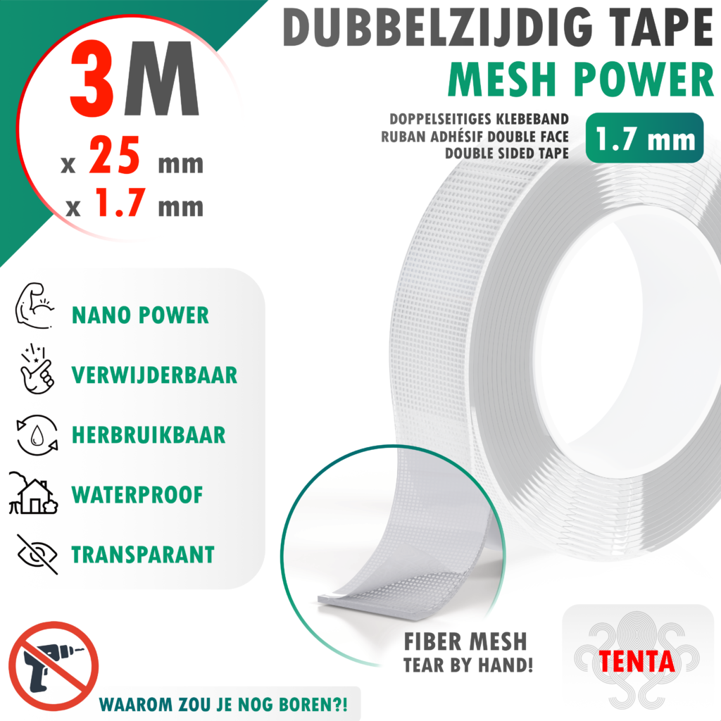 Dubbelzijdig Tape 3m x 25mm x 1.7mm - TENTA Mesh Power