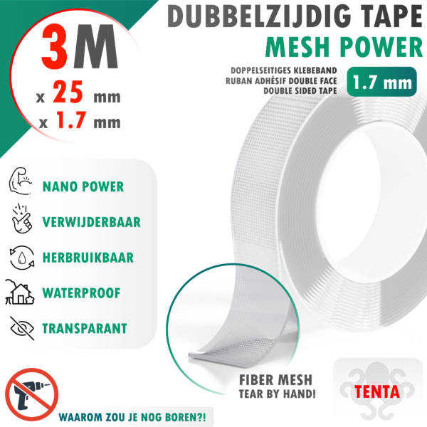 Dubbelzijdig Tape 3m x 25mm x 1.7mm - TENTA Mesh Power