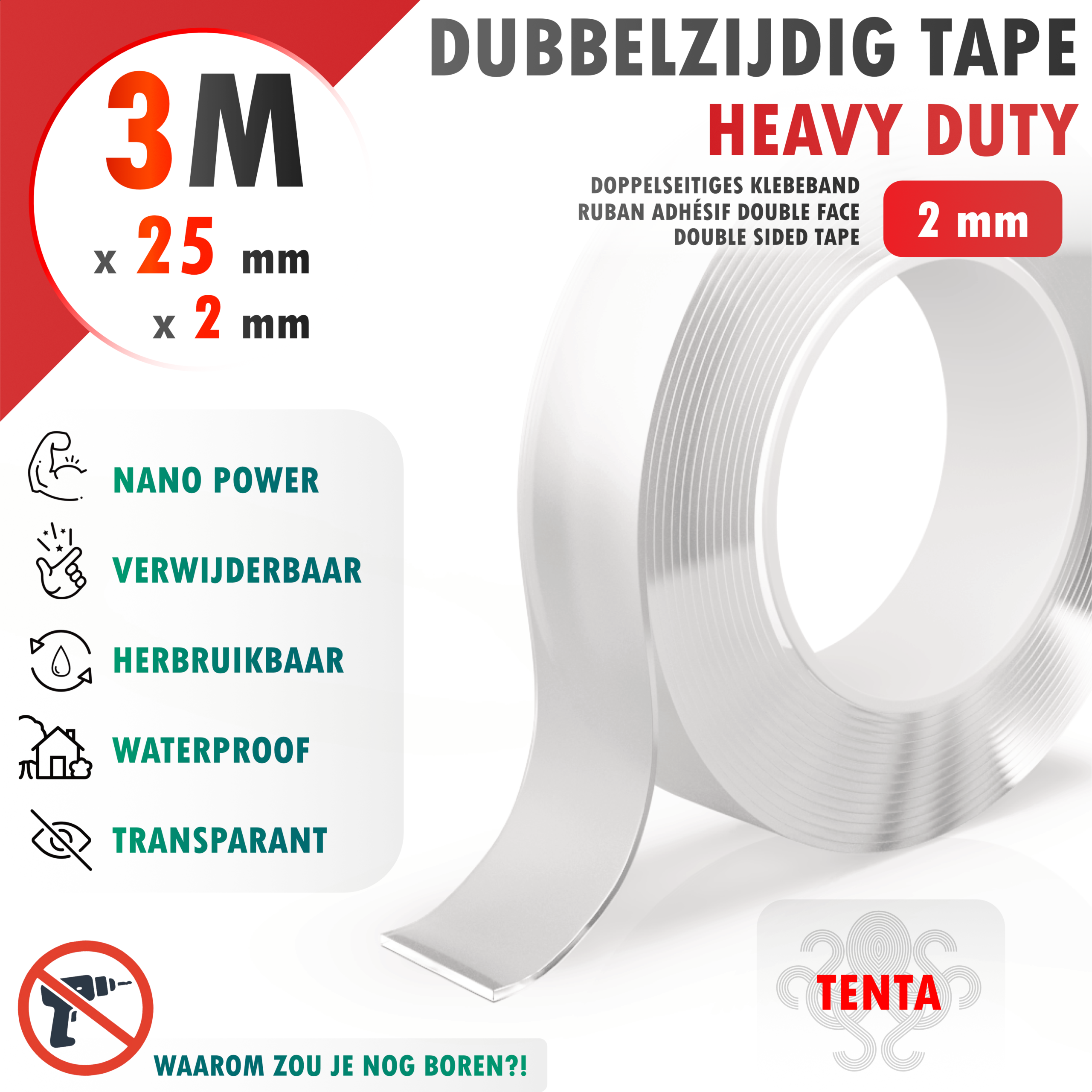 Dubbelzijdig Tape 3m x 25mm x 2mm - TENTA Heavy Duty