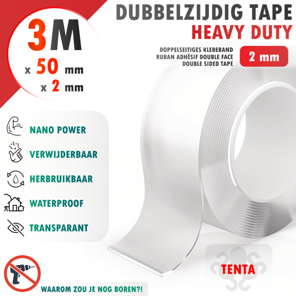 Dubbelzijdig Tape 3m x 50mm x 2mm - TENTA Heavy Duty