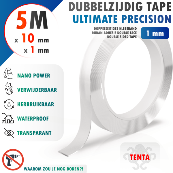 Dubbelzijdig Tape 5m x 10mm x 1mm - TENTA Ultimate Precision