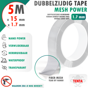 Dubbelzijdig Tape 5m x 15mm x 1.7mm - TENTA Mesh Power