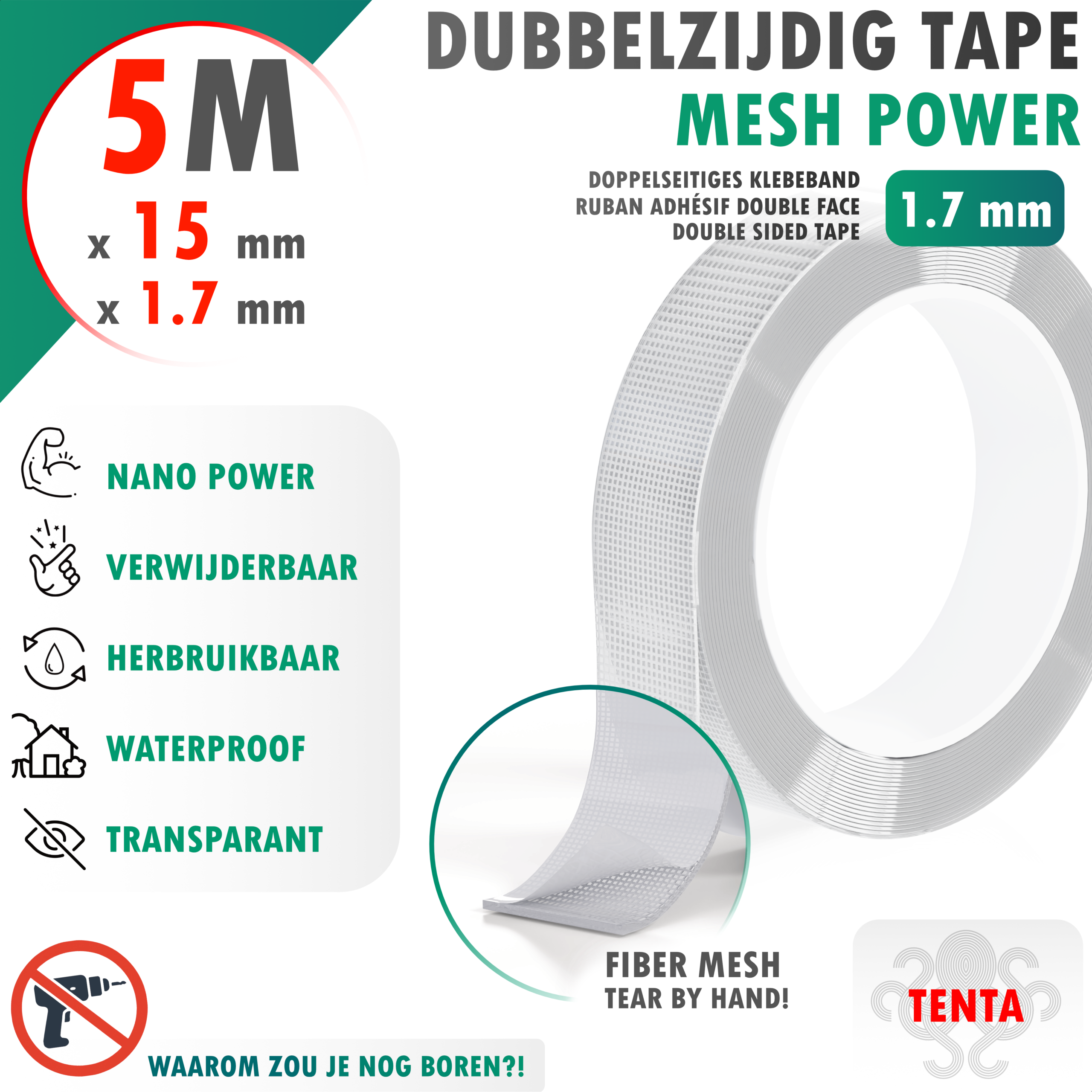 Dubbelzijdig Tape 5m x 15mm x 1.7mm - TENTA Mesh Power