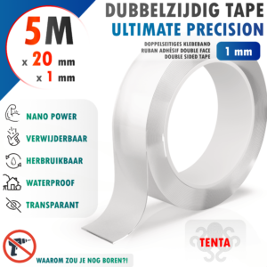 Dubbelzijdig Tape 5m x 20mm x 1mm - TENTA Ultimate Precision