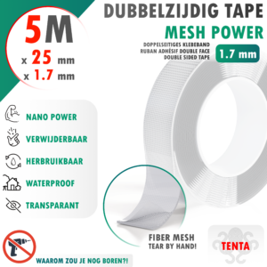Dubbelzijdig Tape 5m x 25mm x 1.7mm - TENTA Mesh Power