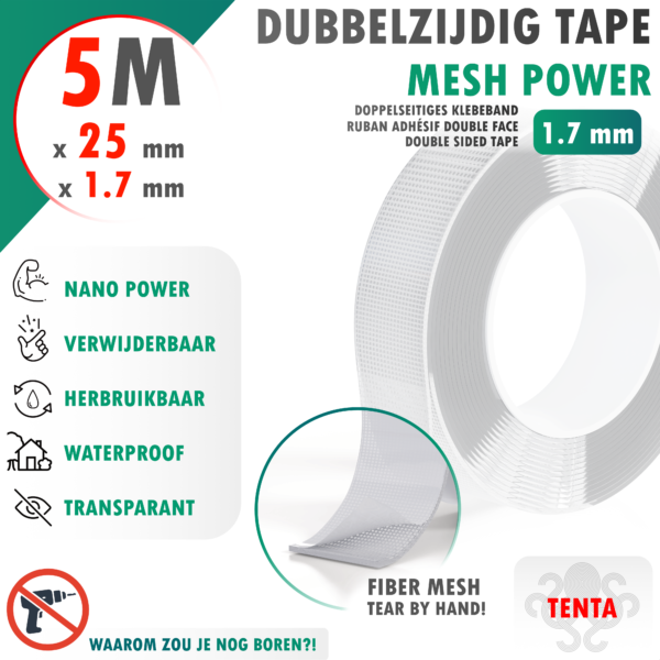 Dubbelzijdig Tape 5m x 25mm x 1.7mm - TENTA Mesh Power