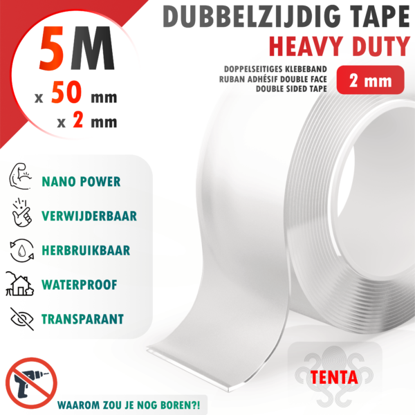 Dubbelzijdig Tape 5m x 50mm x 2mm - TENTA Heavy Duty